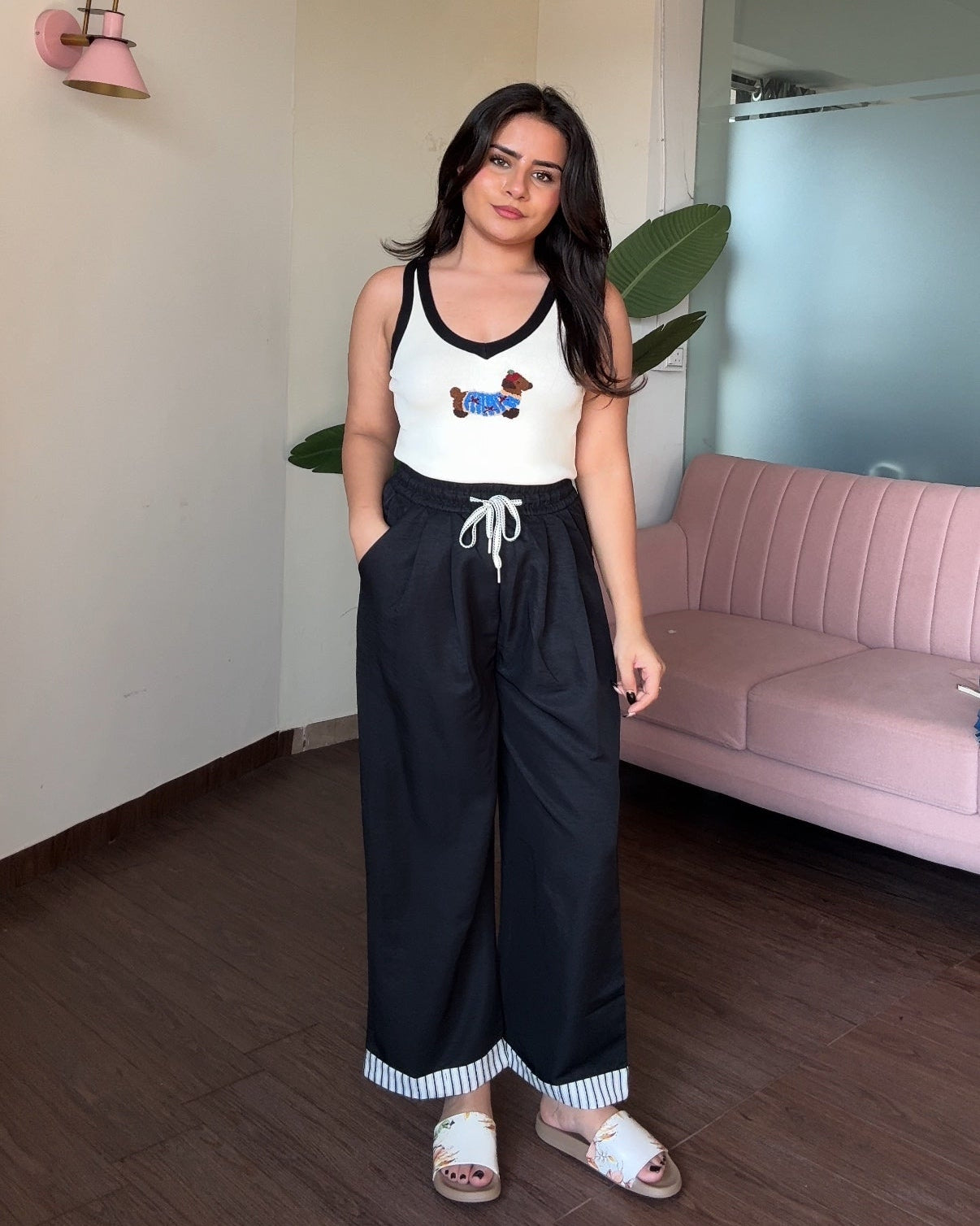 Drawstring Detail Hem Striped Cotton Pajama Pants