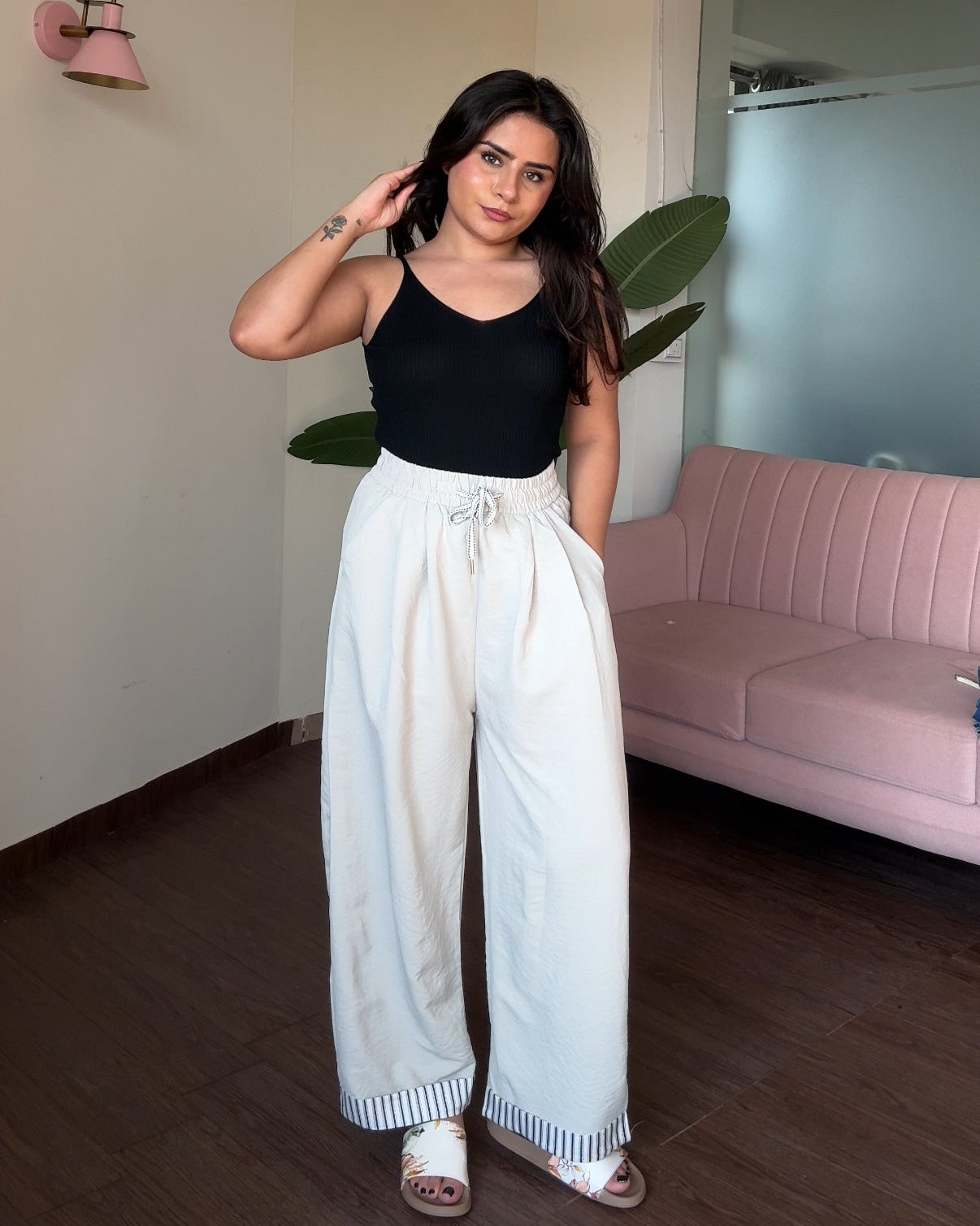 Drawstring Detail Hem Striped Cotton Pajama Pants