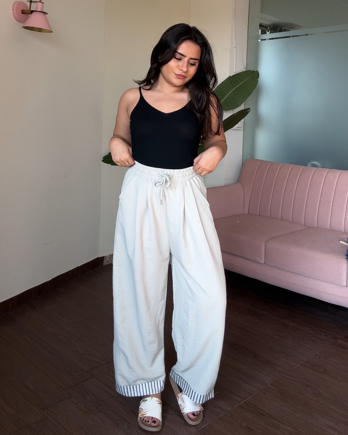 Drawstring Detail Hem Striped Cotton Pajama Pants