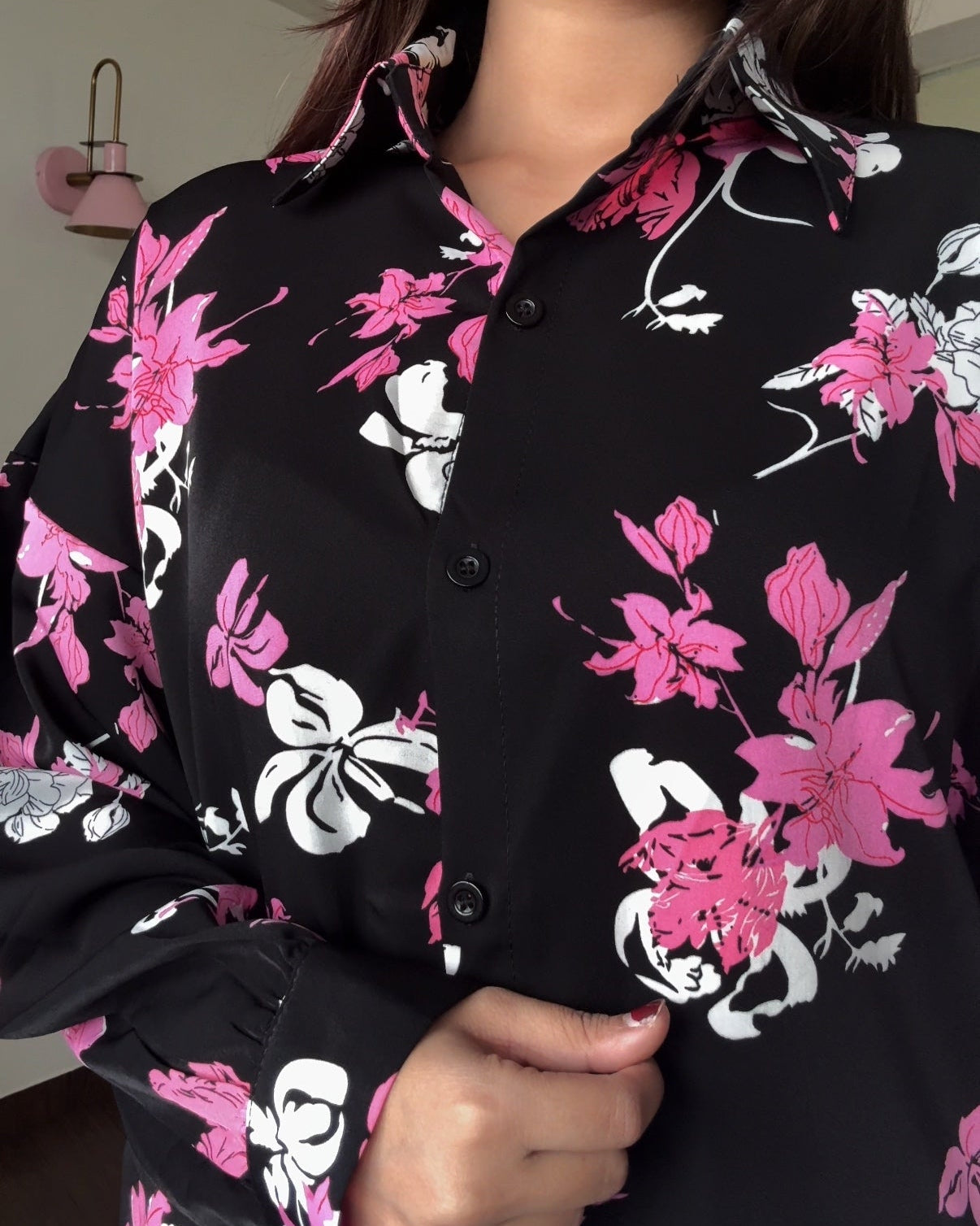 Printed Black Floral Crepe Full Sleeves Shirt