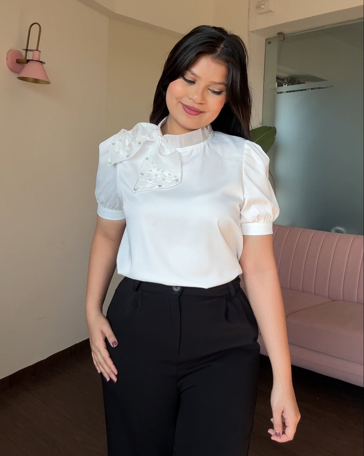 Satin Stone Embellished Bow Blouse