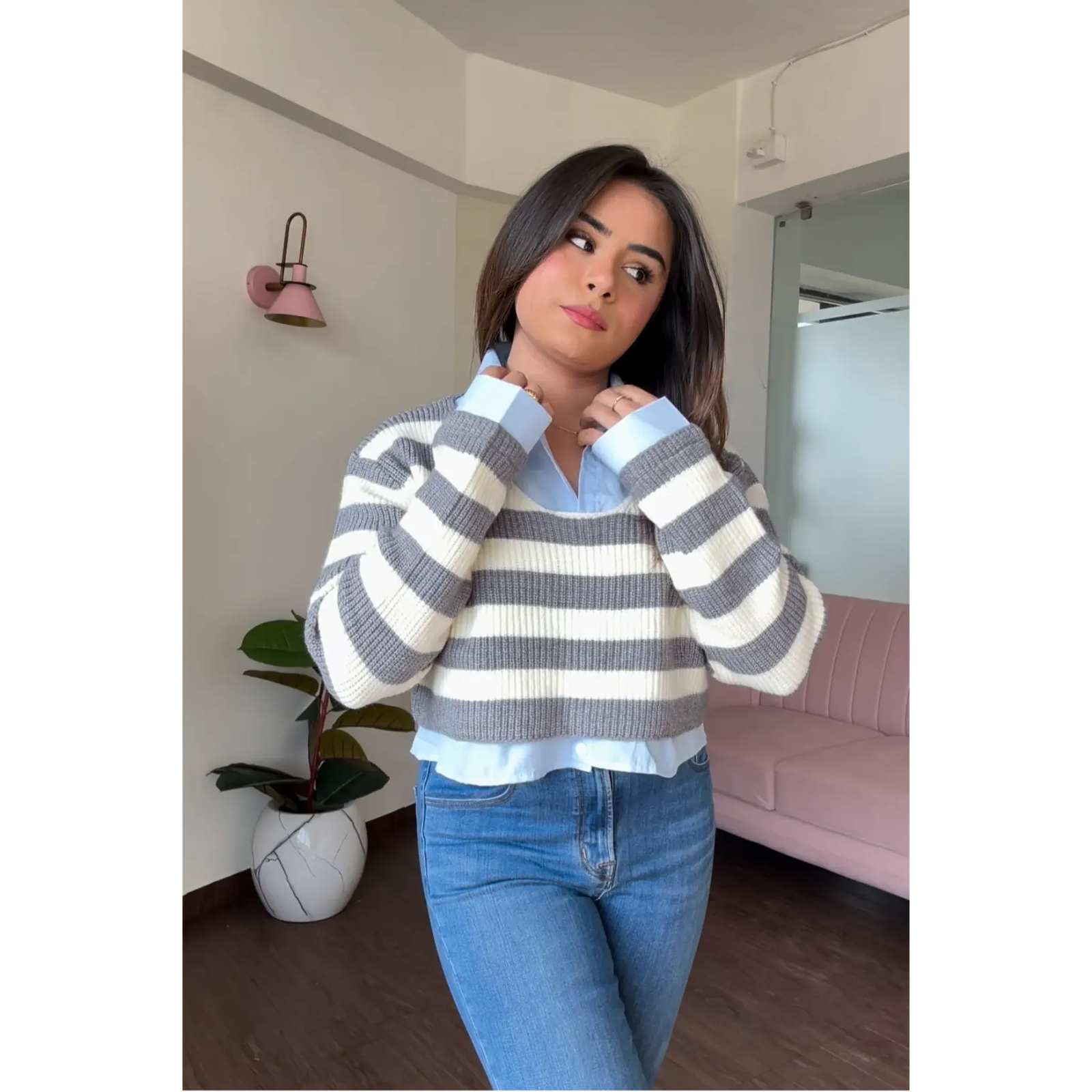 Striped Cropped Sweater With Inner Collar