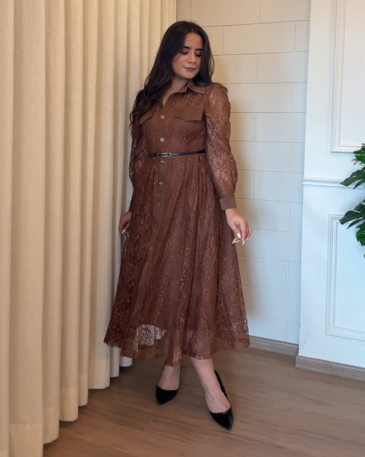 Lace Button Up Midi Dress With Belt
