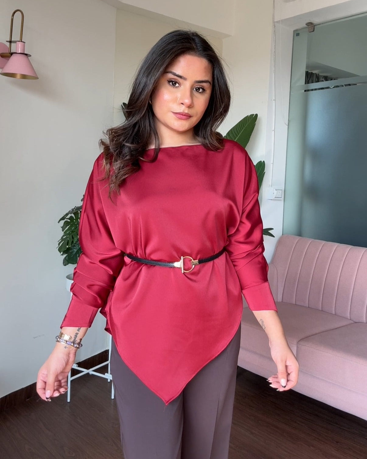 V Shape Hem Blouse With Belt