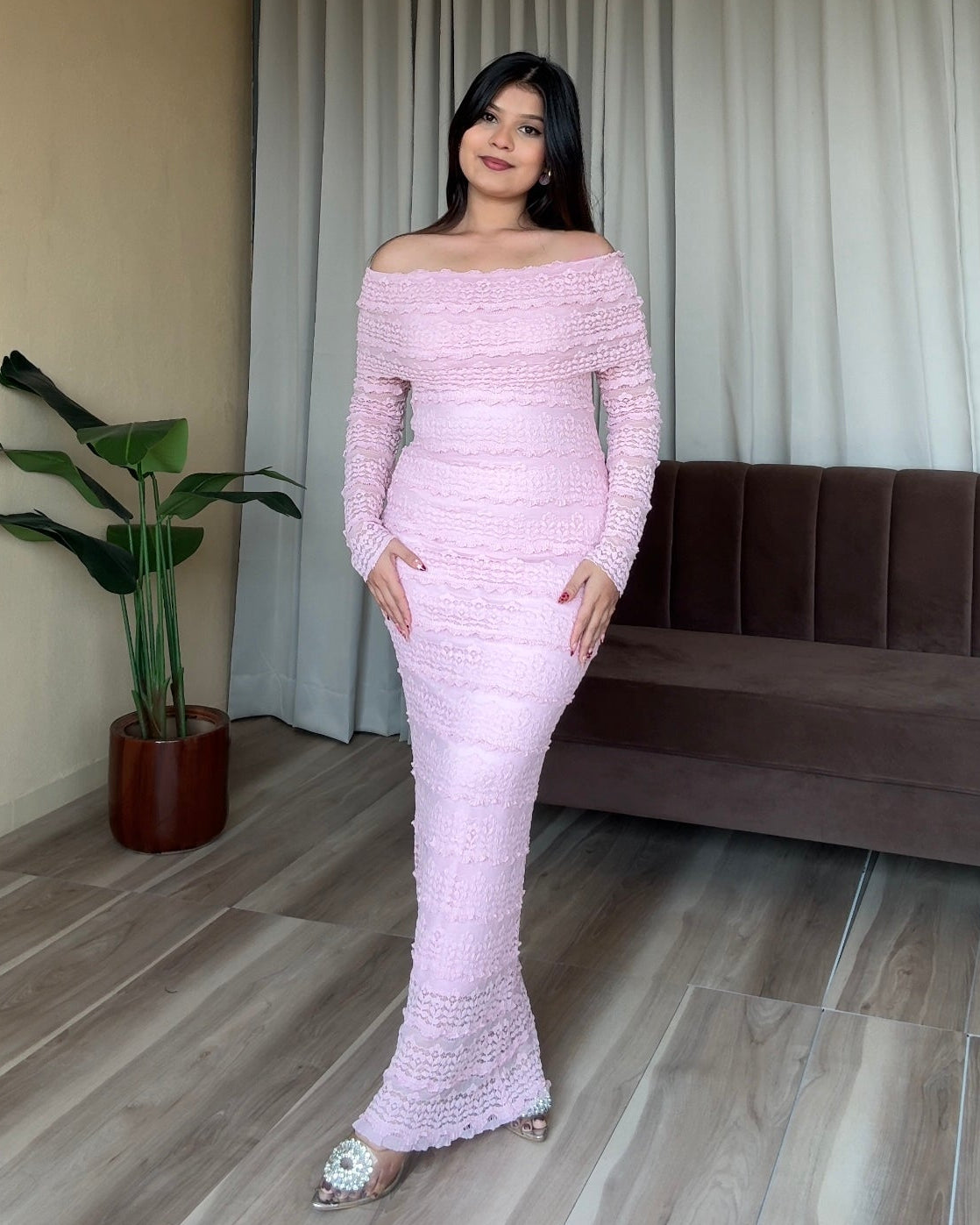 Lacy Off Shoulder Bodycon Midi Dress