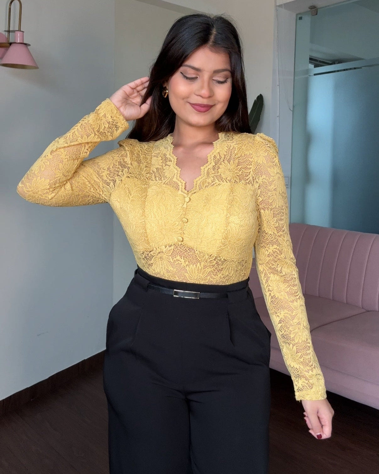 Lace V Neck Sheer Padded Top