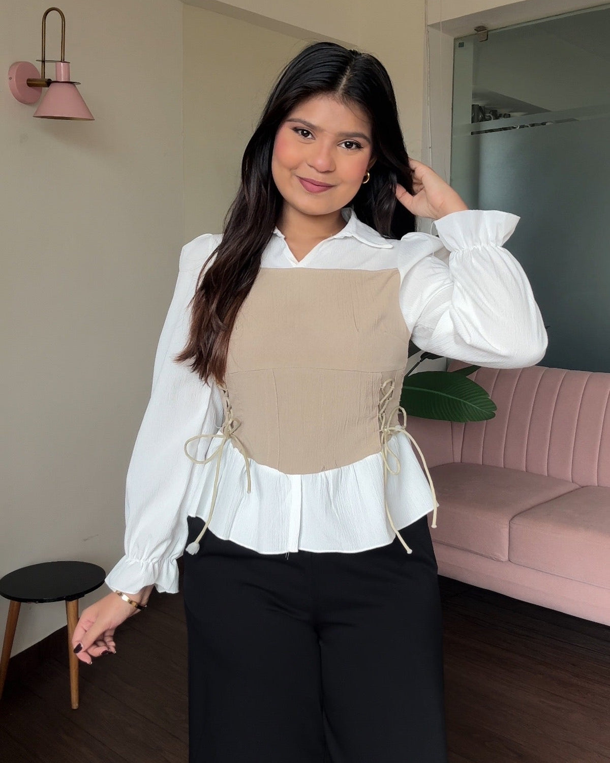 Tie Up Shirt Detailing Dual Tone Top