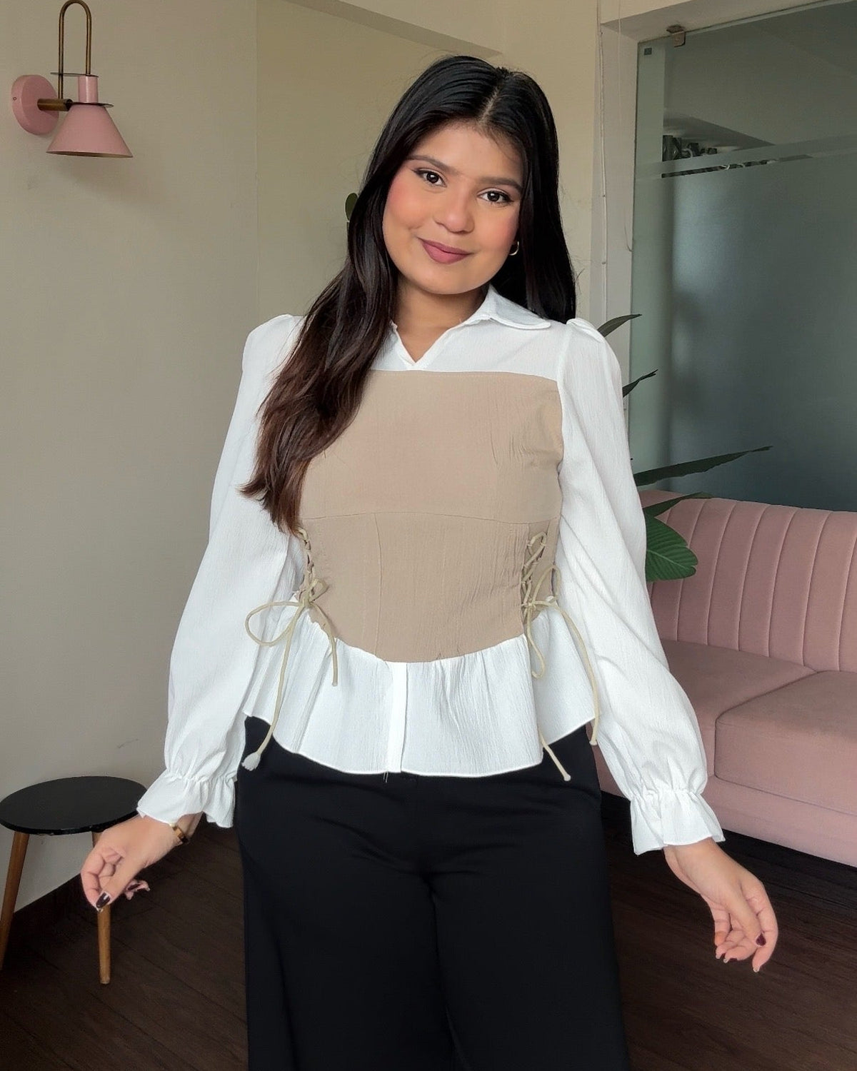 Tie Up Shirt Detailing Dual Tone Top