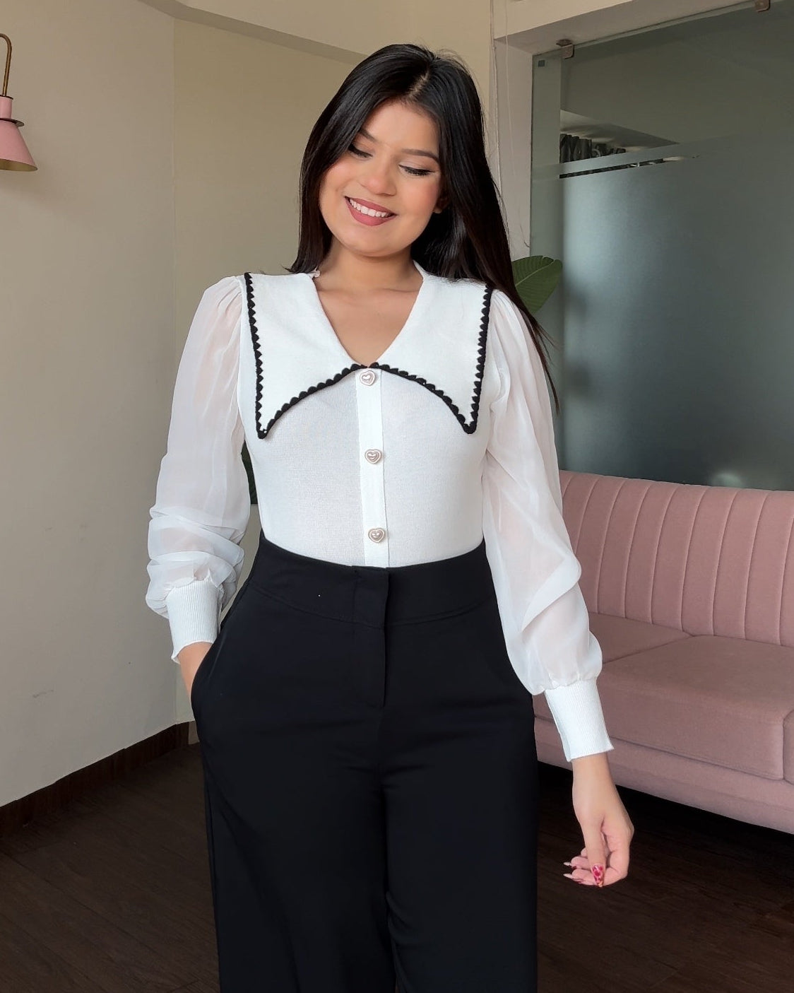 Sheer Puff Sleeve Contrast Collar Top