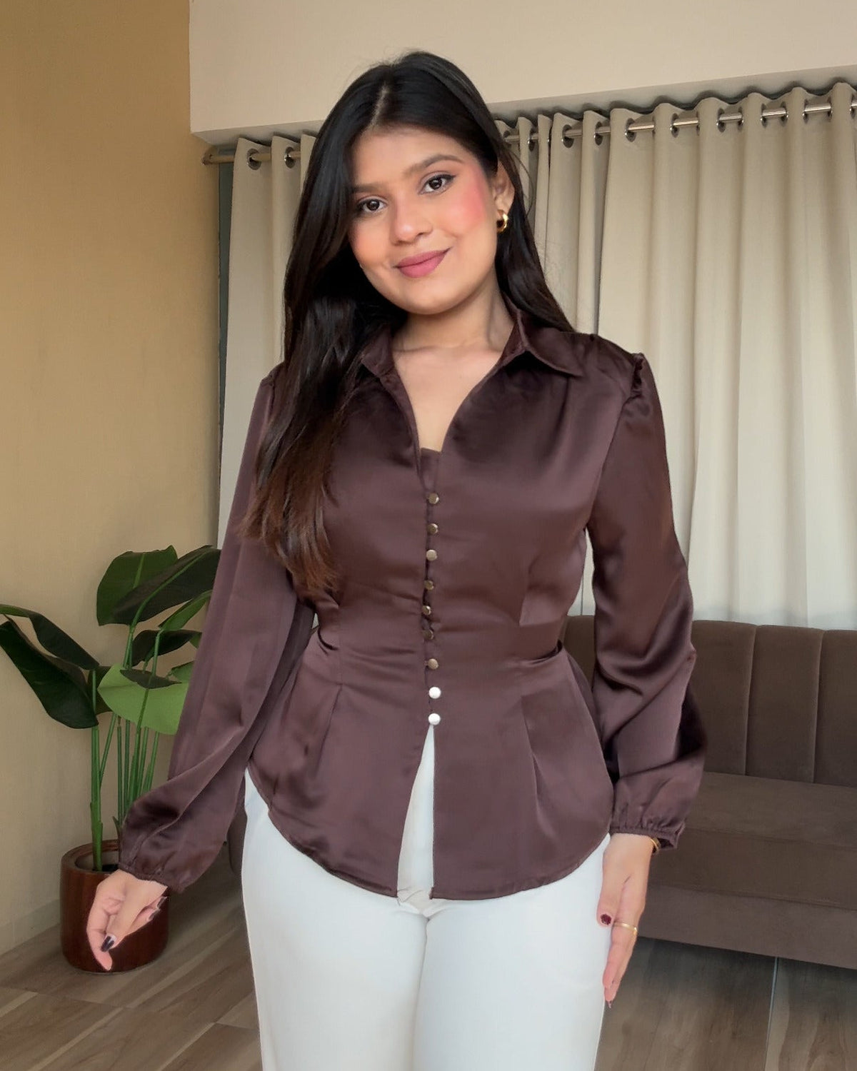 Korean Fitted Back Tie Up Satin Blouse