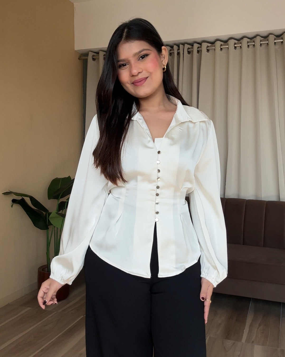 Korean Fitted Back Tie Up Satin Blouse