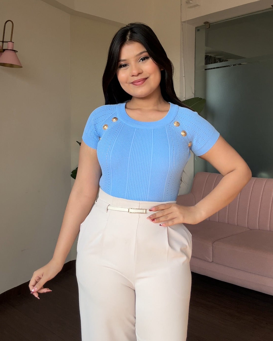 Ribbed Golden Button Top