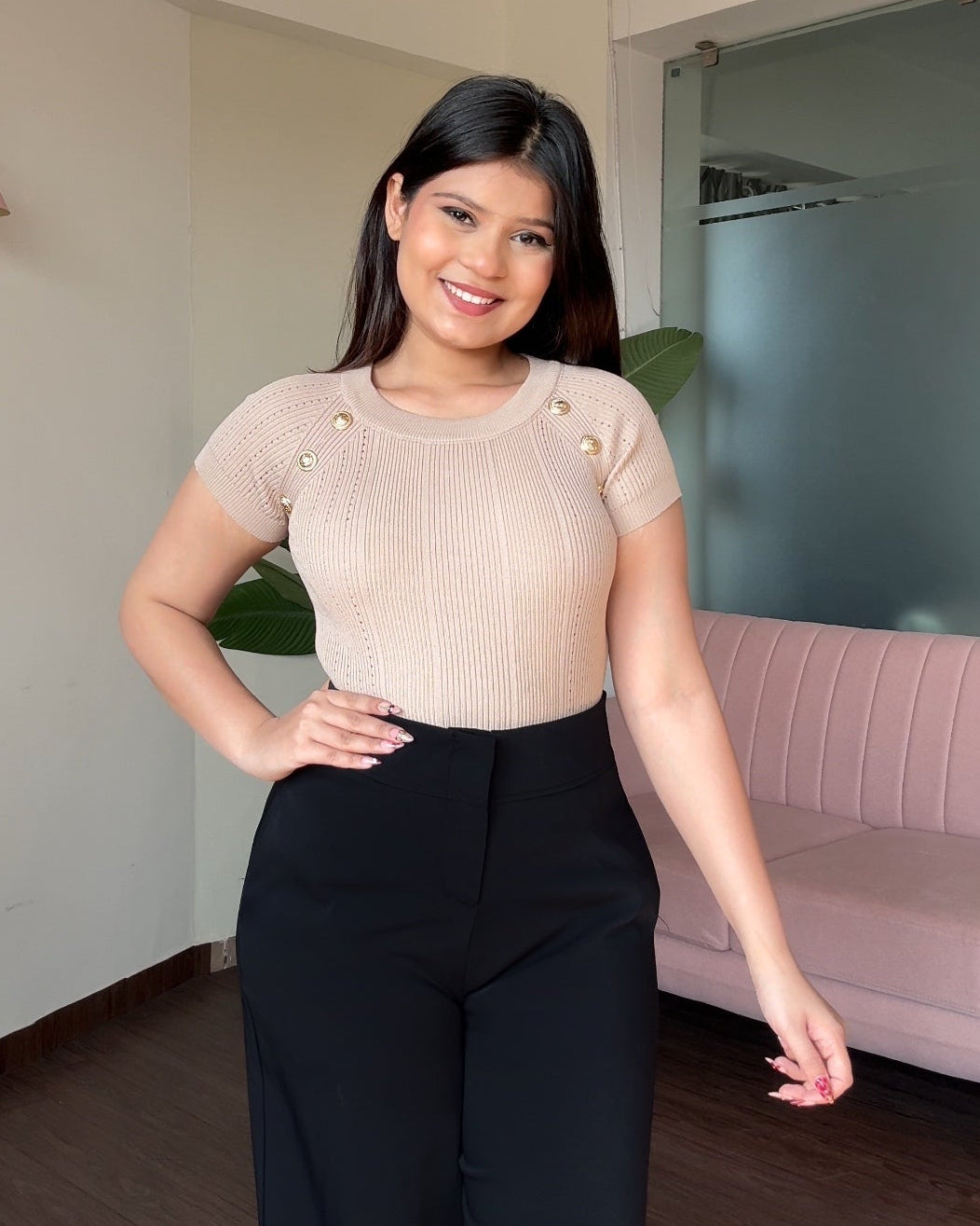 Ribbed Golden Button Top