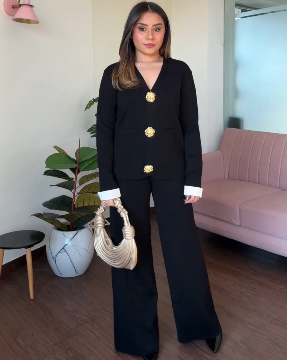 V neck Golden Button Co-ord Set