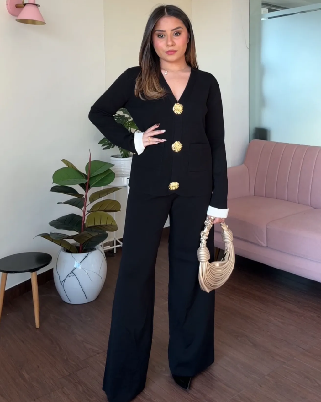 V neck Golden Button Co-ord Set