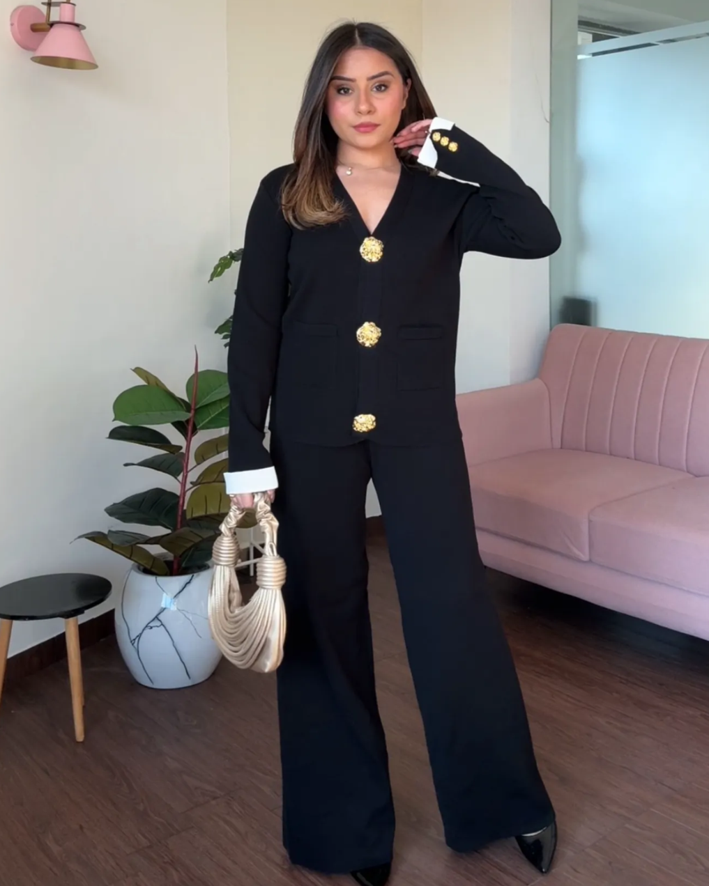 V neck Golden Button Co-ord Set