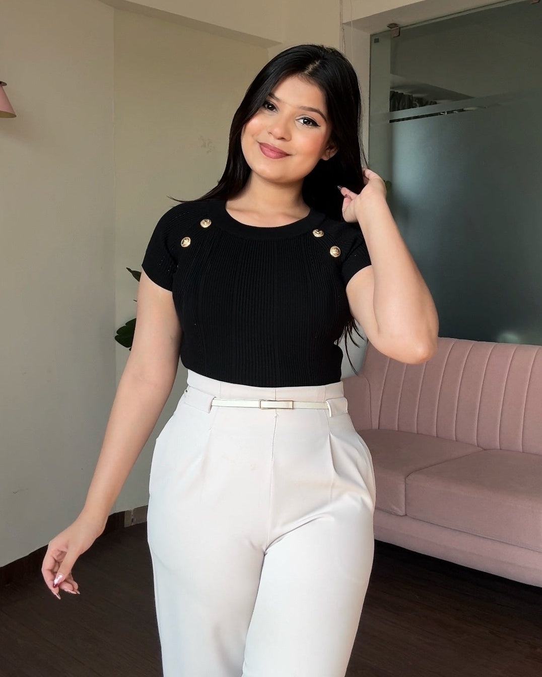 Ribbed Golden Button Top