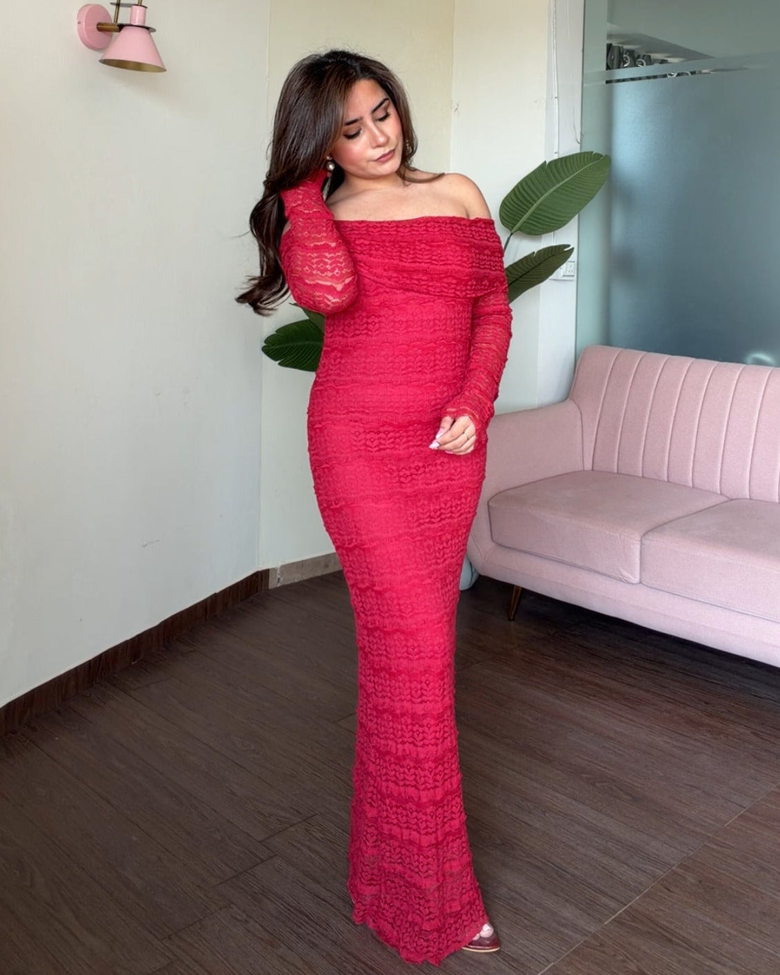 Lacy Off Shoulder Bodycon Midi Dress