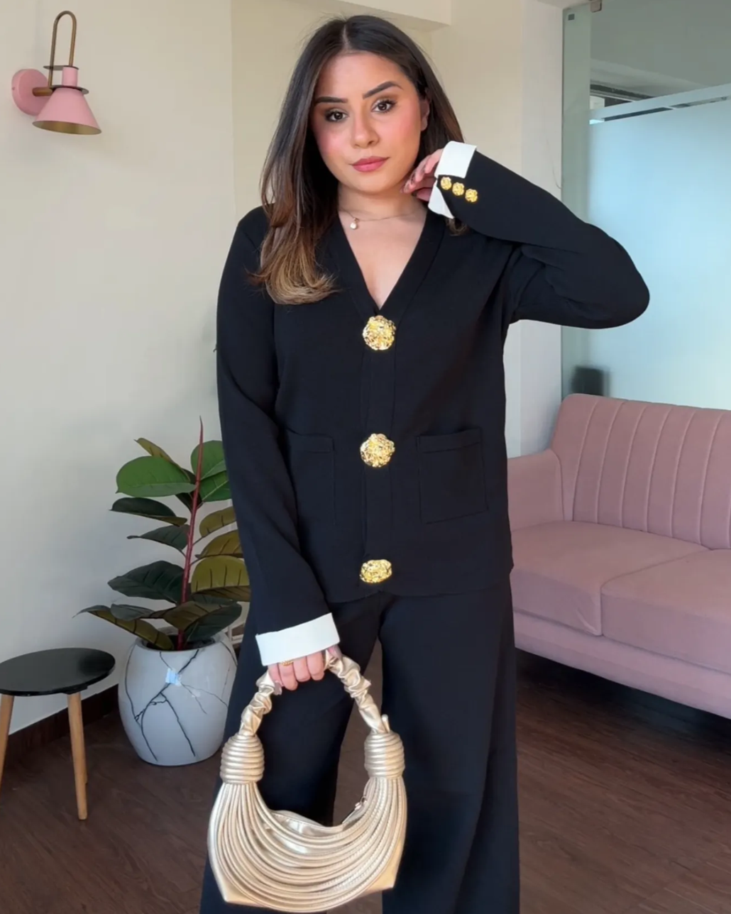 V neck Golden Button Co-ord Set