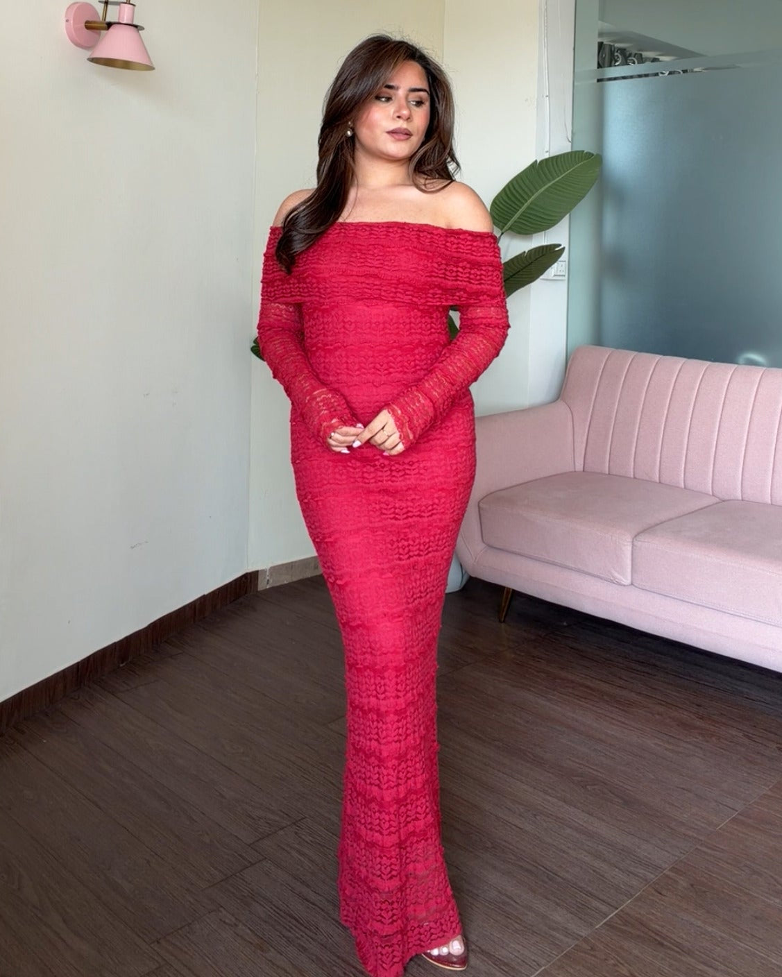 Lacy Off Shoulder Bodycon Midi Dress