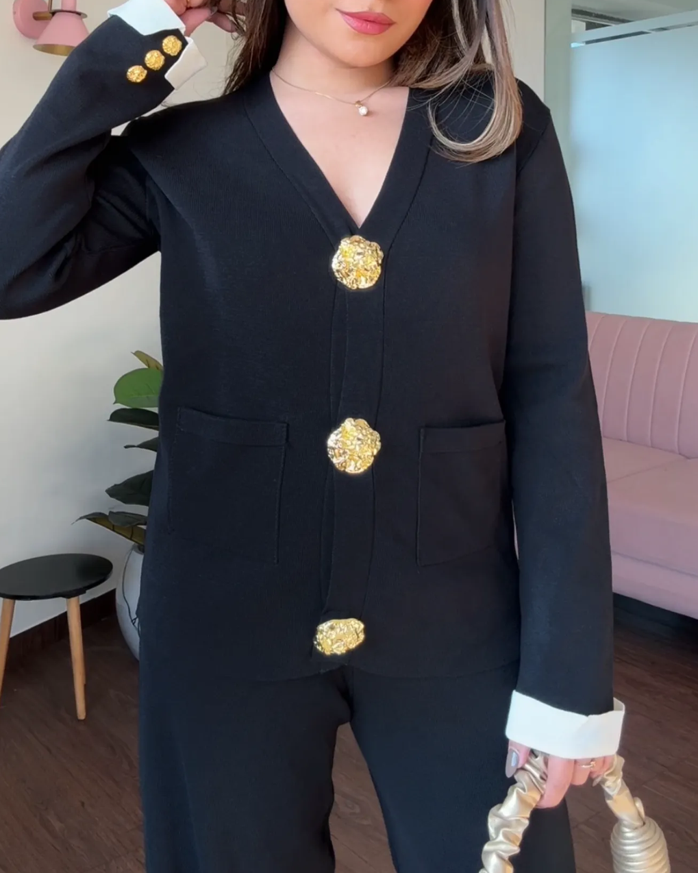 V neck Golden Button Co-ord Set