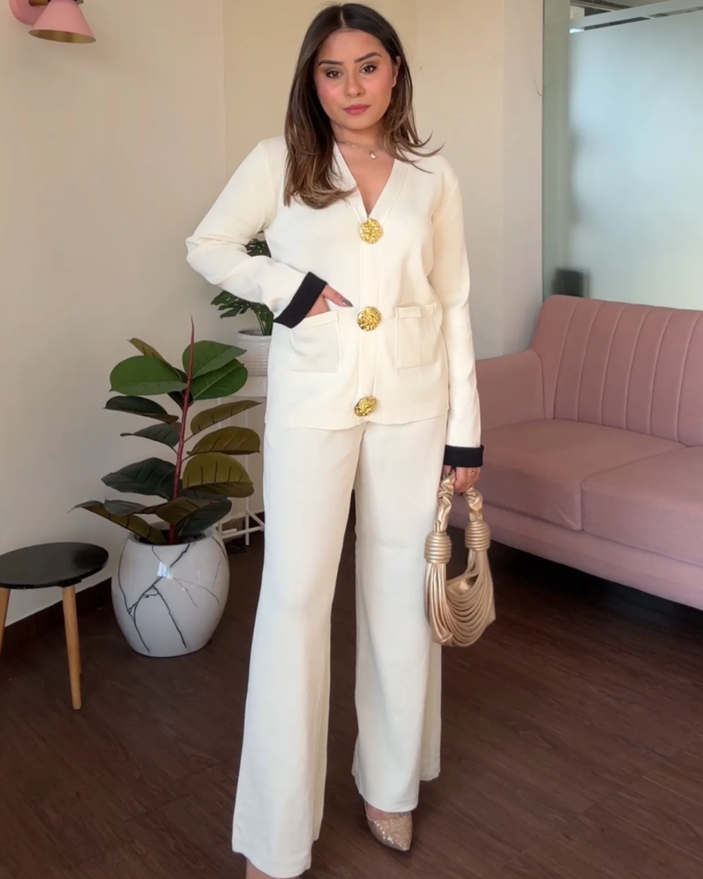 V neck Golden Button Co-ord Set