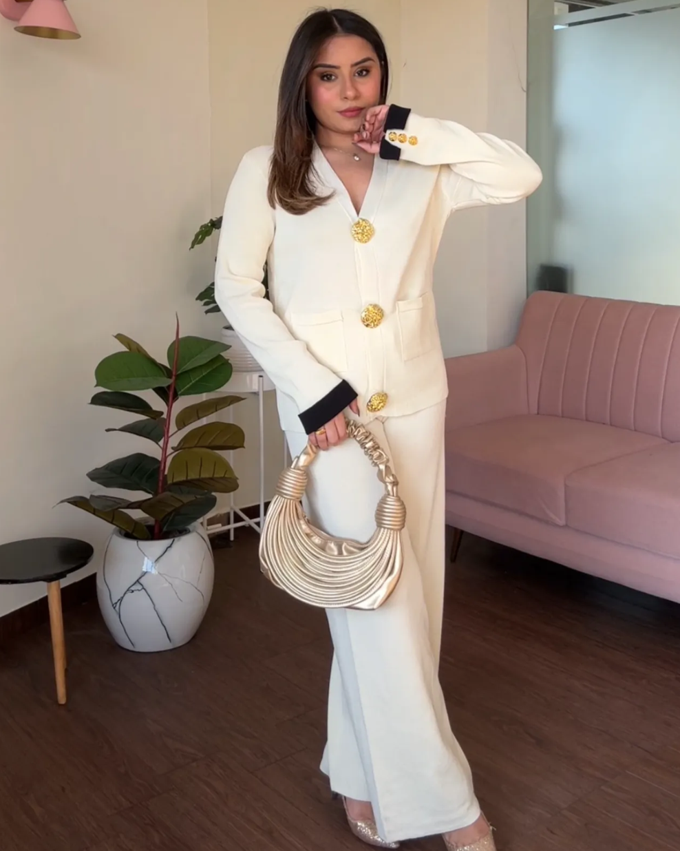 V neck Golden Button Co-ord Set