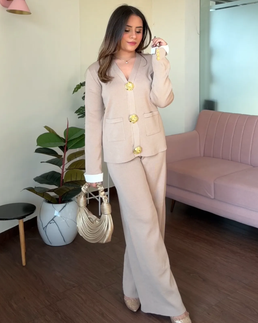 V neck Golden Button Co-ord Set