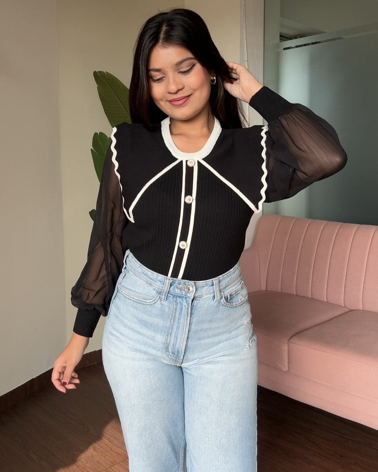 Black Contrast Sheer Sleeves Top