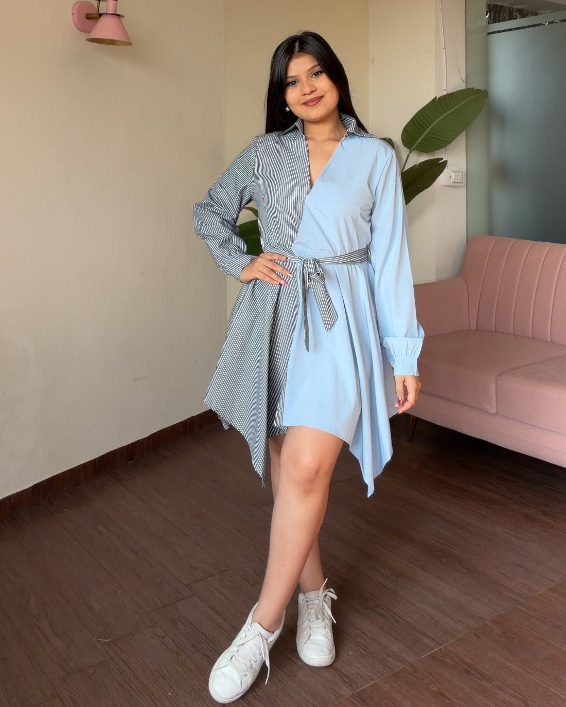 Dual Pattern Tie Up Shirt Dress