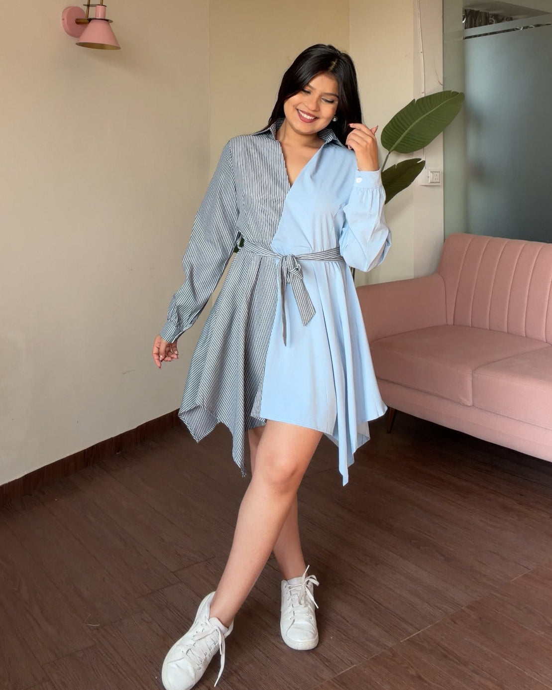 Dual Pattern Tie Up Shirt Dress