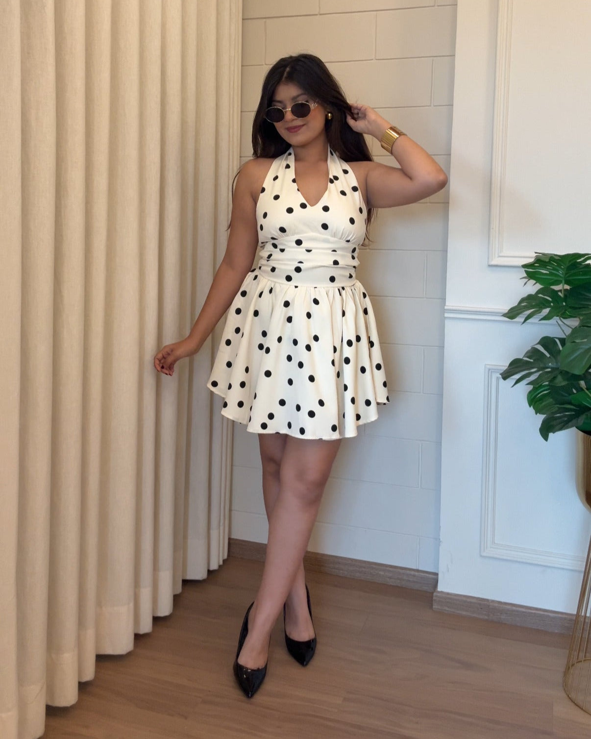 Cream Polka Dot Halter Neck Padded Mini Dress