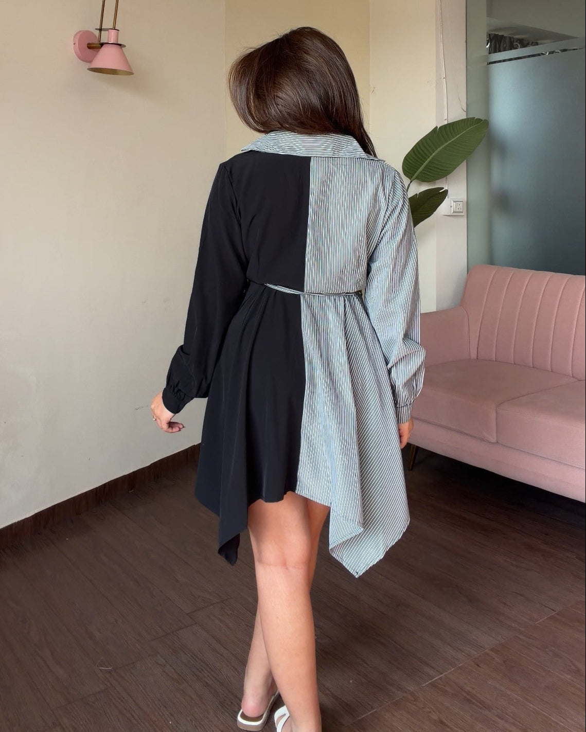 Dual Pattern Tie Up Shirt Dress