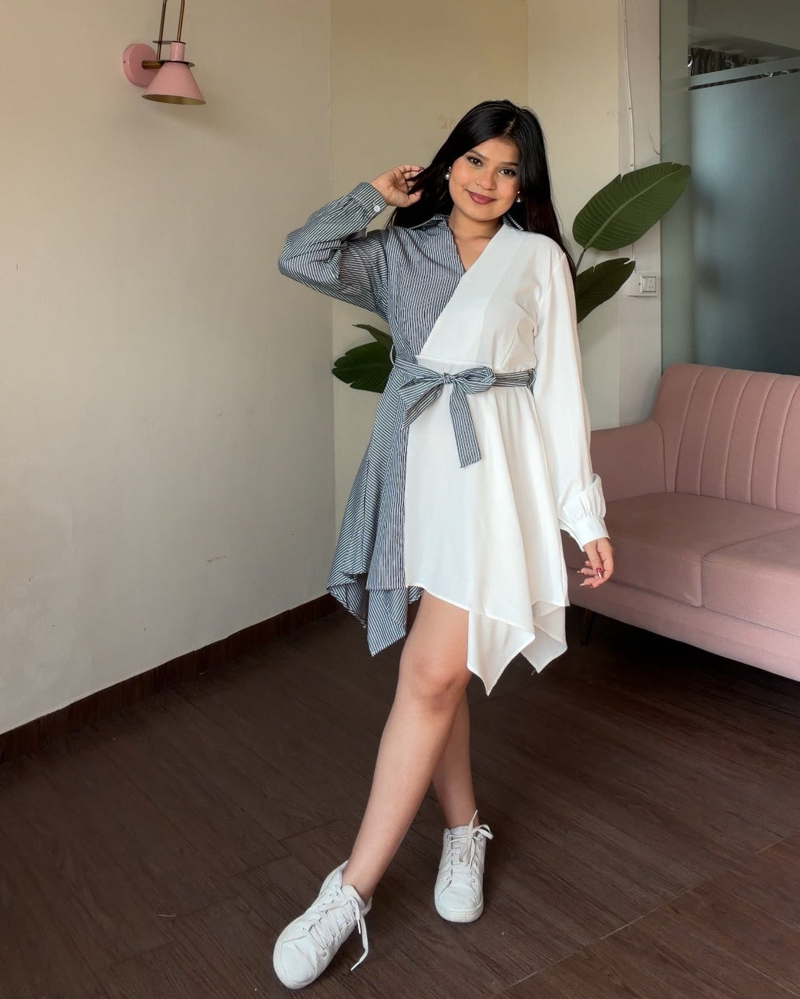 Dual Pattern Tie Up Shirt Dress