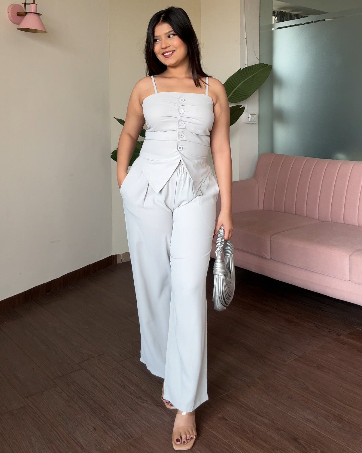 Ruched Button Detailing Top & Wide Leg Pant Co-ord set