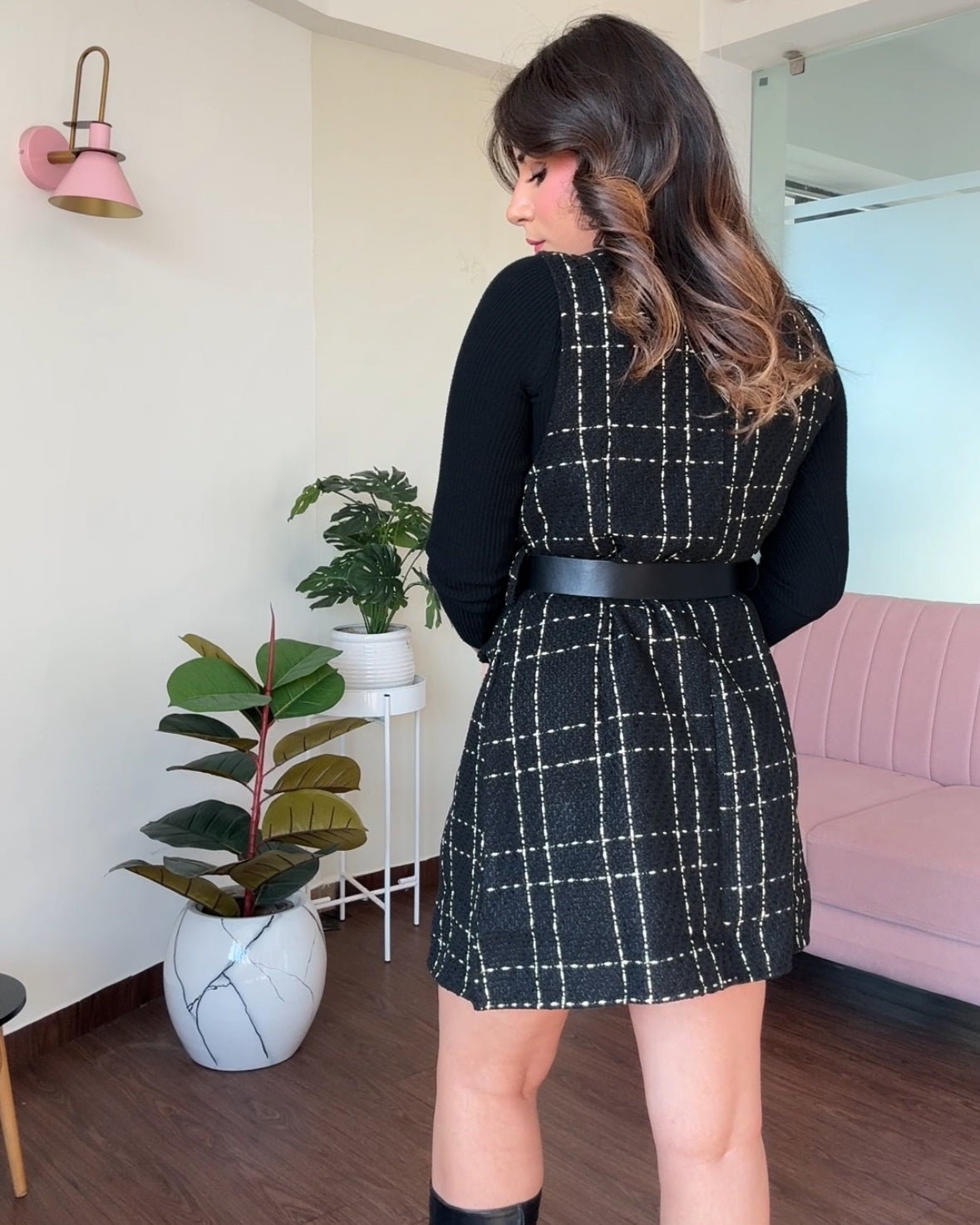 3 Piece Tweed Dress With Belt And Inner