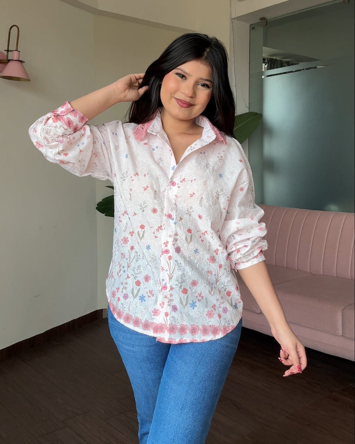 Floral Print Relaxed Fit Lace Collar Shirt