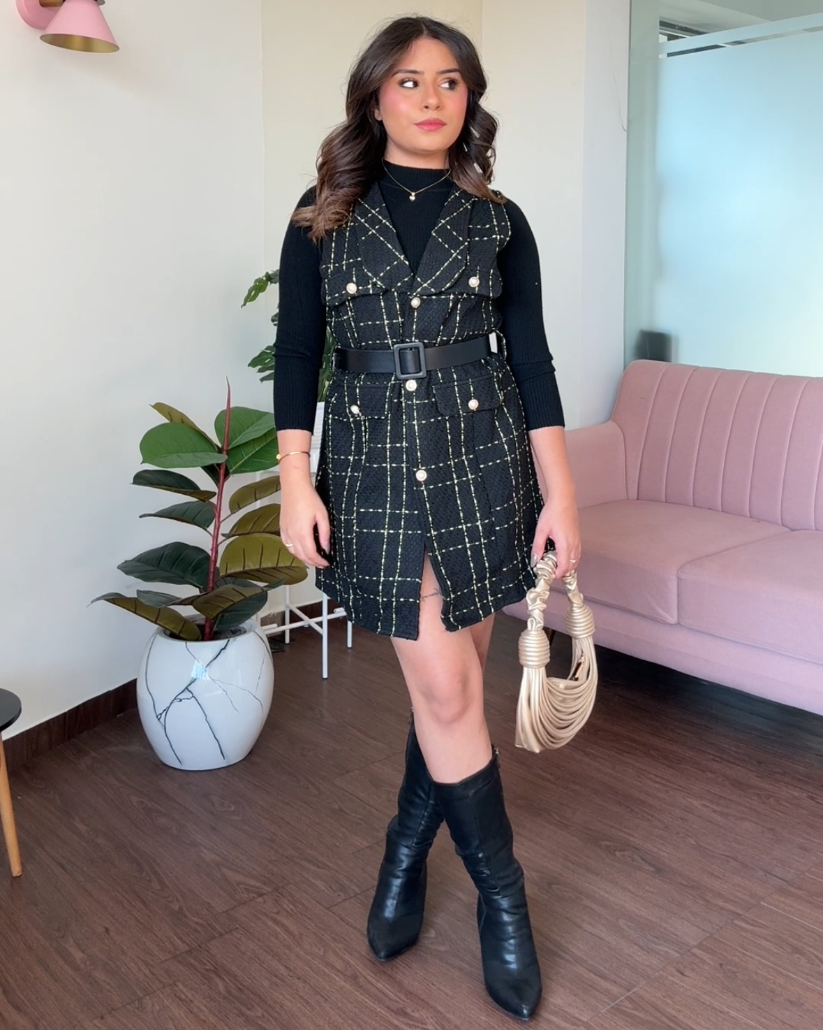 3 Piece Tweed Dress With Belt And Inner