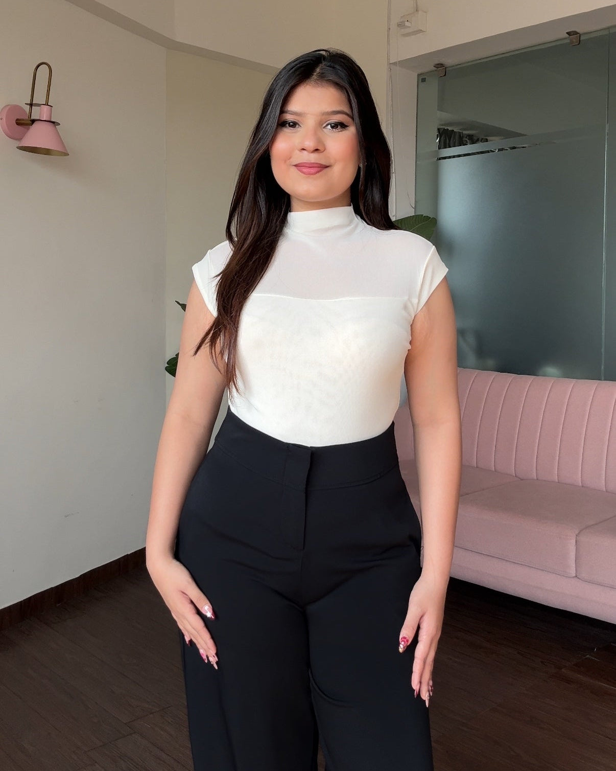 Cut Sleeve High Neck Mesh Top