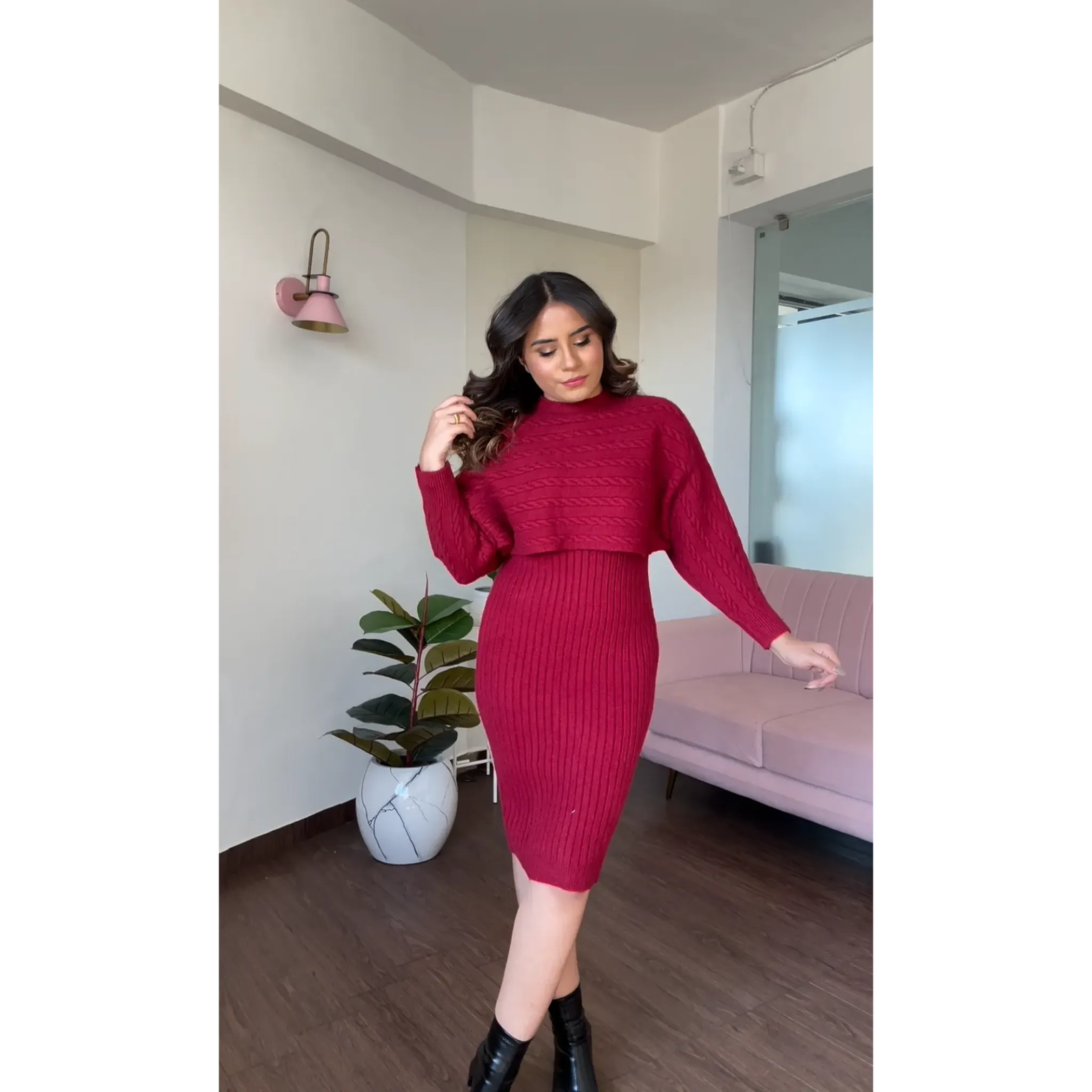 Cable Knit Sweater Dress With Pullover