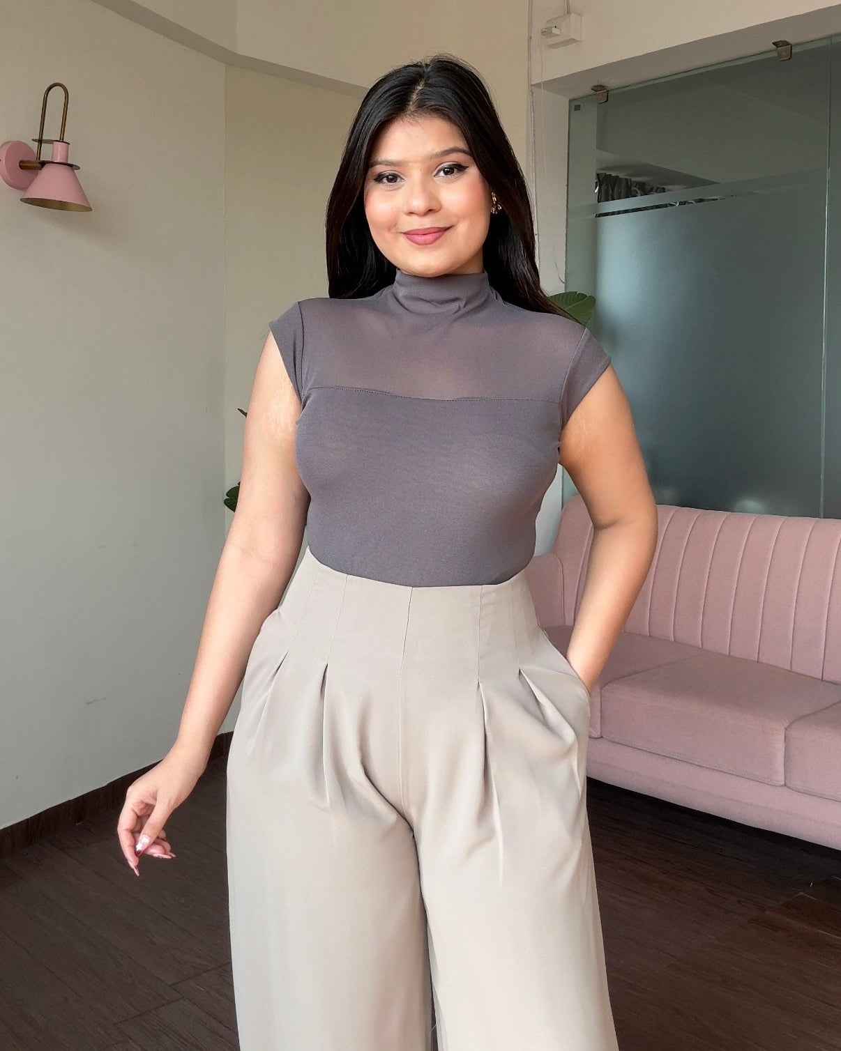 Cut Sleeve High Neck Mesh Top