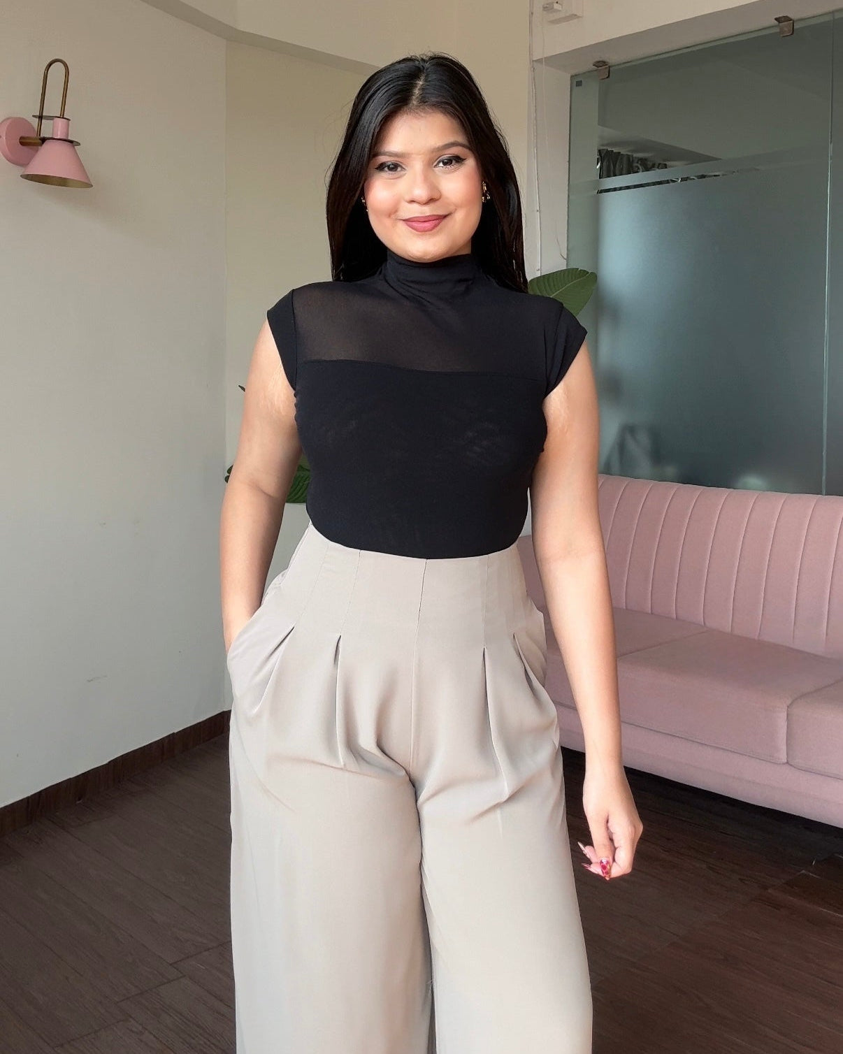 Cut Sleeve High Neck Mesh Top