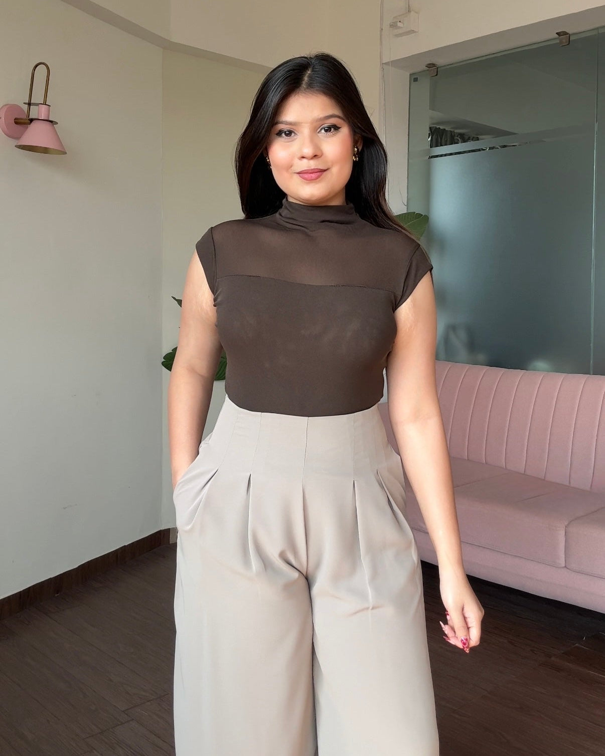 Cut Sleeve High Neck Mesh Top