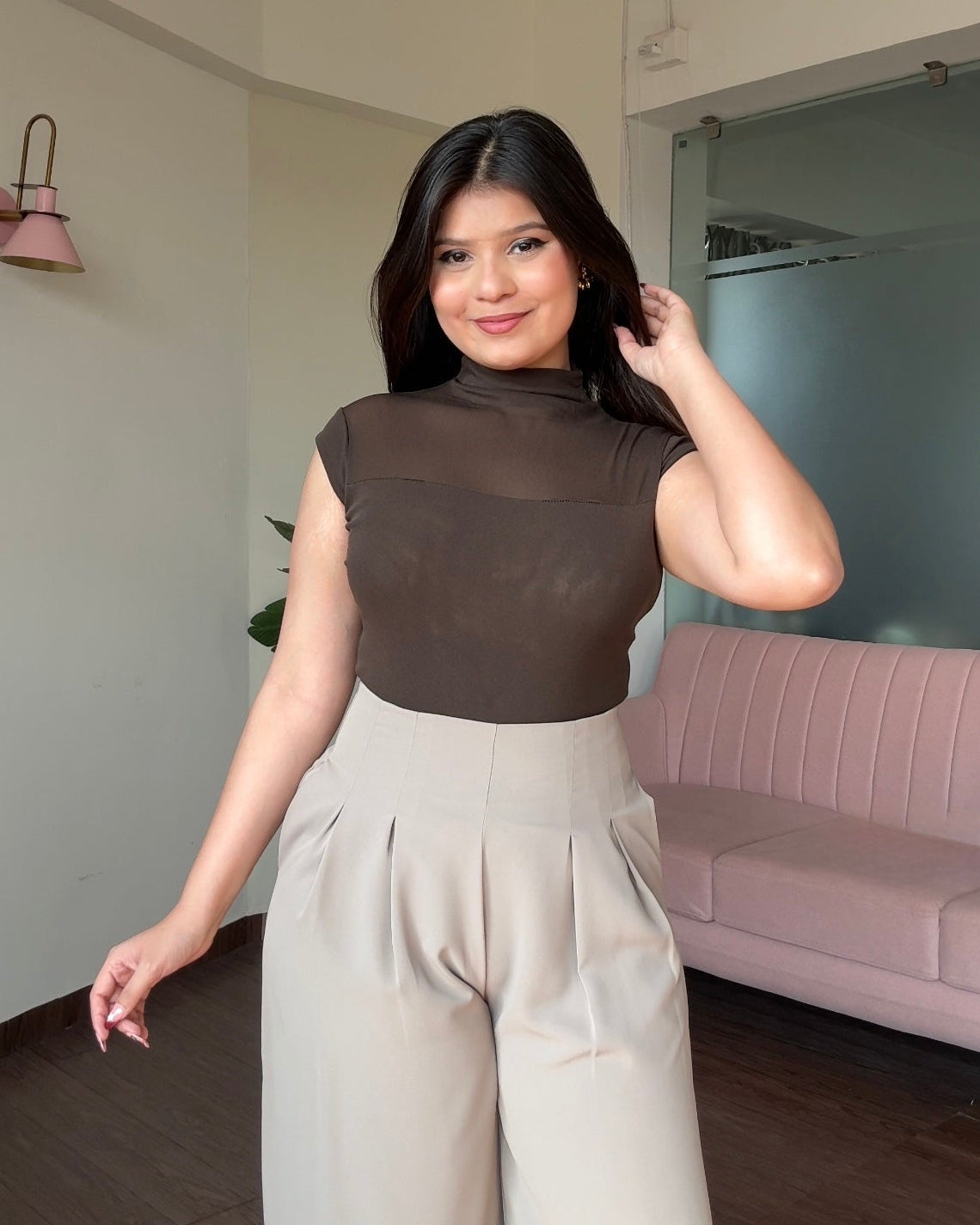 Cut Sleeve High Neck Mesh Top