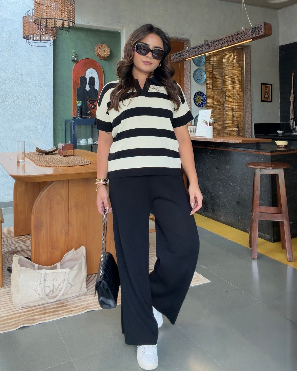 Striped Detailing Collared Summer Knit Co-ord Set