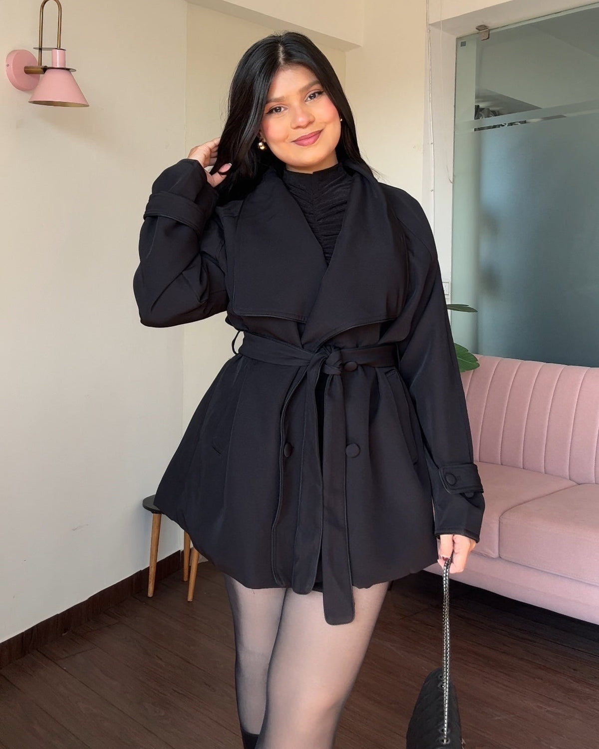 Contrast Detailing Mini Tie Up Trench Coat