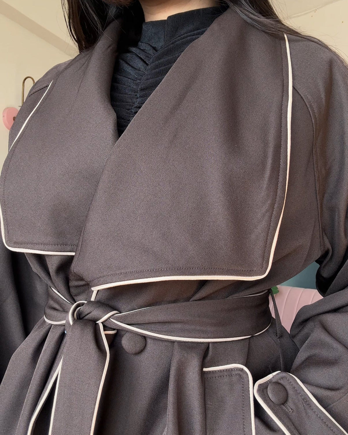 Contrast Detailing Mini Tie Up Trench Coat