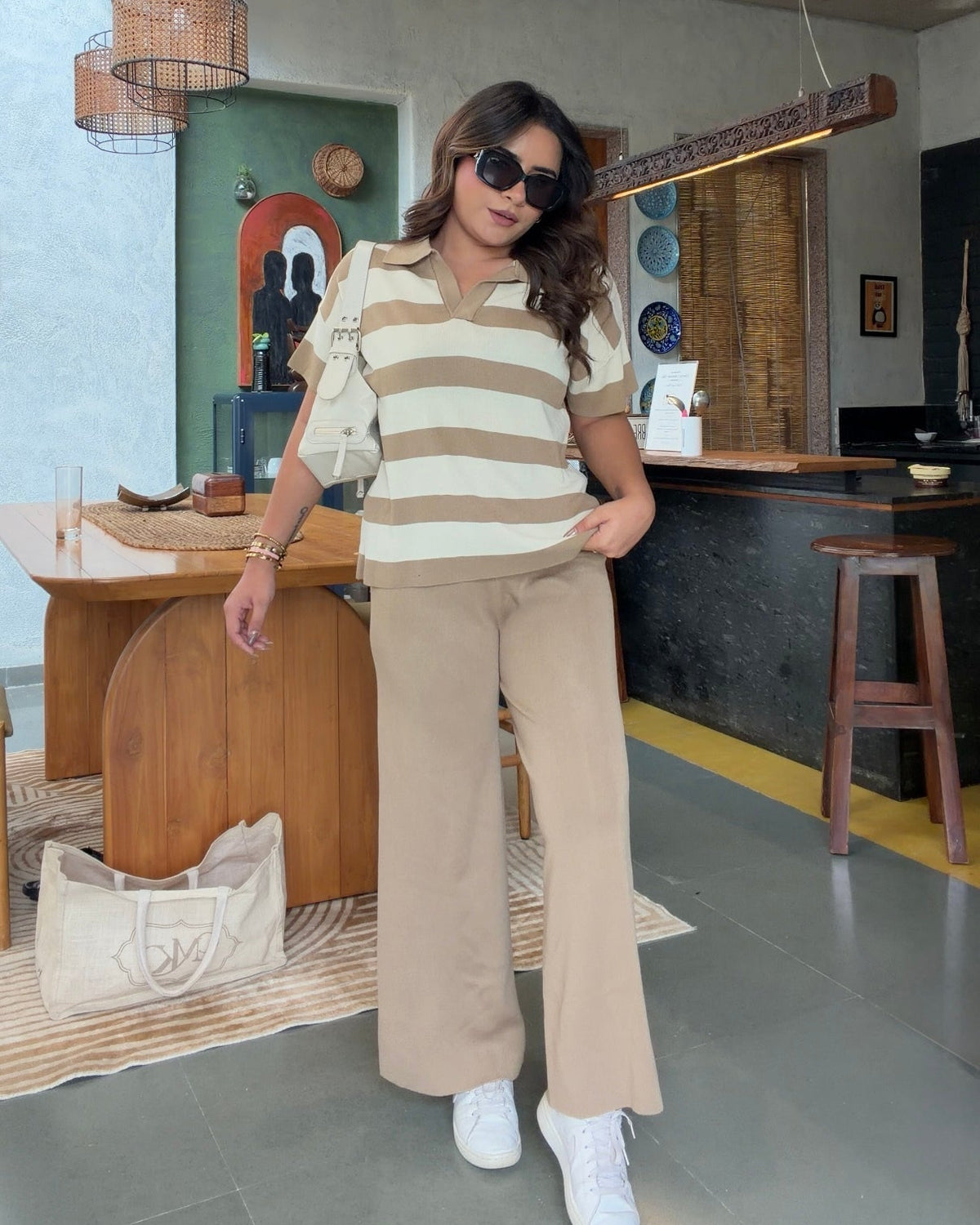 Striped Detailing Collared Summer Knit Co-ord Set