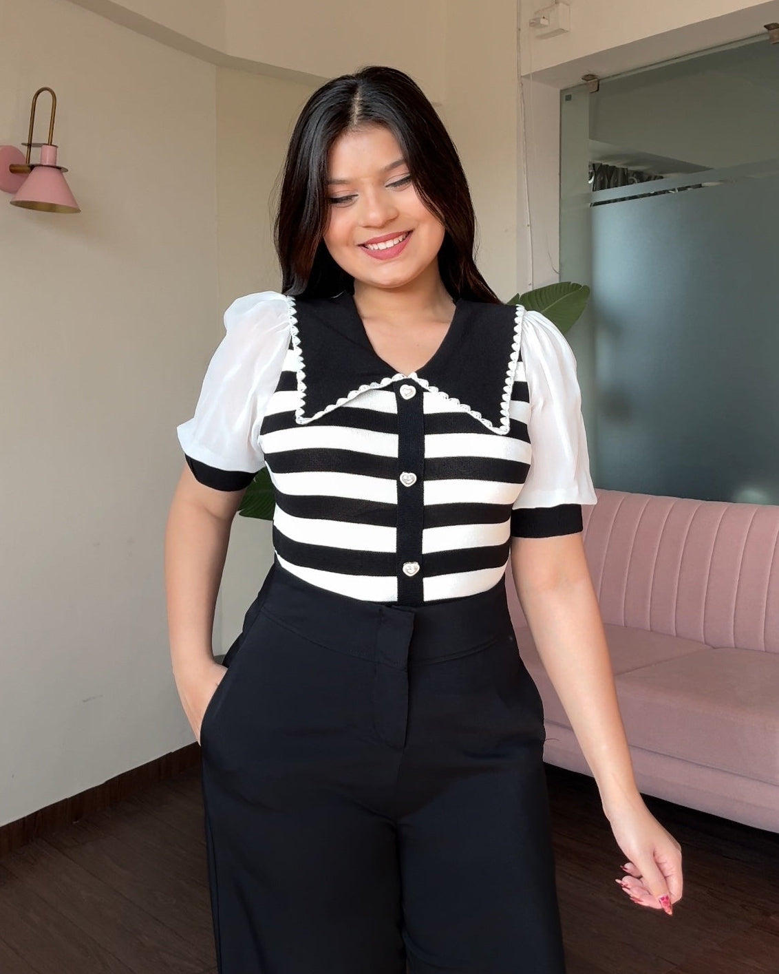 Half Sleeve Striped Contrast Collar Top