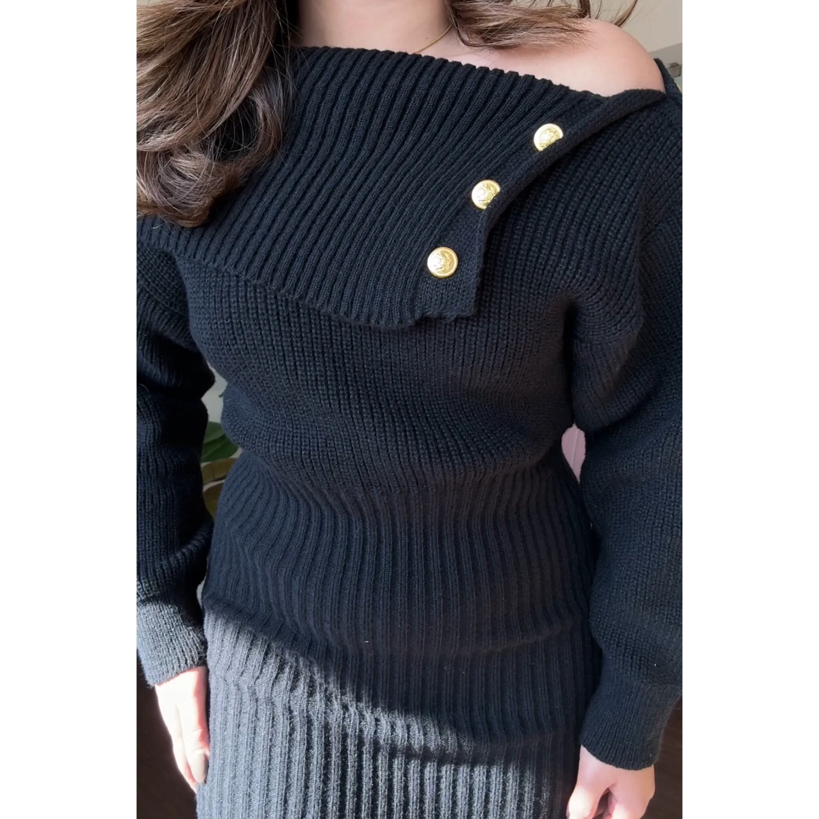 Drop Shoulder Golden Button Detail Sweater Dress